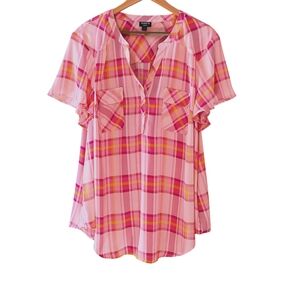 Torrid Harper Georgette Pink and Yellow Plaid Flutter Sleeve Pullover Sz 3